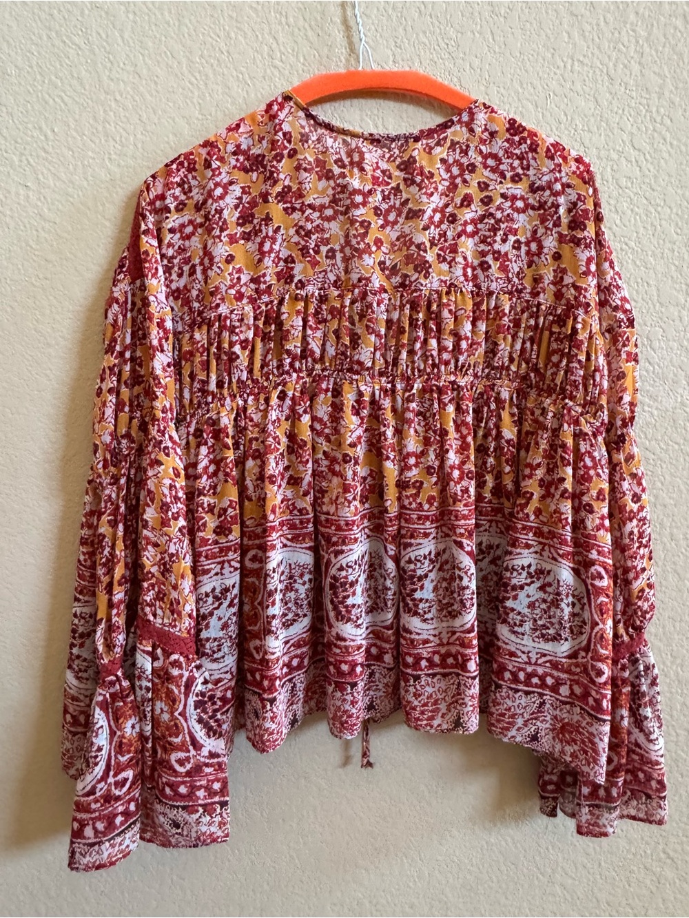 Free People XS Boho Floral Bell Sleeve Peasant Blouse Tunic Top - Picture 7 of 9